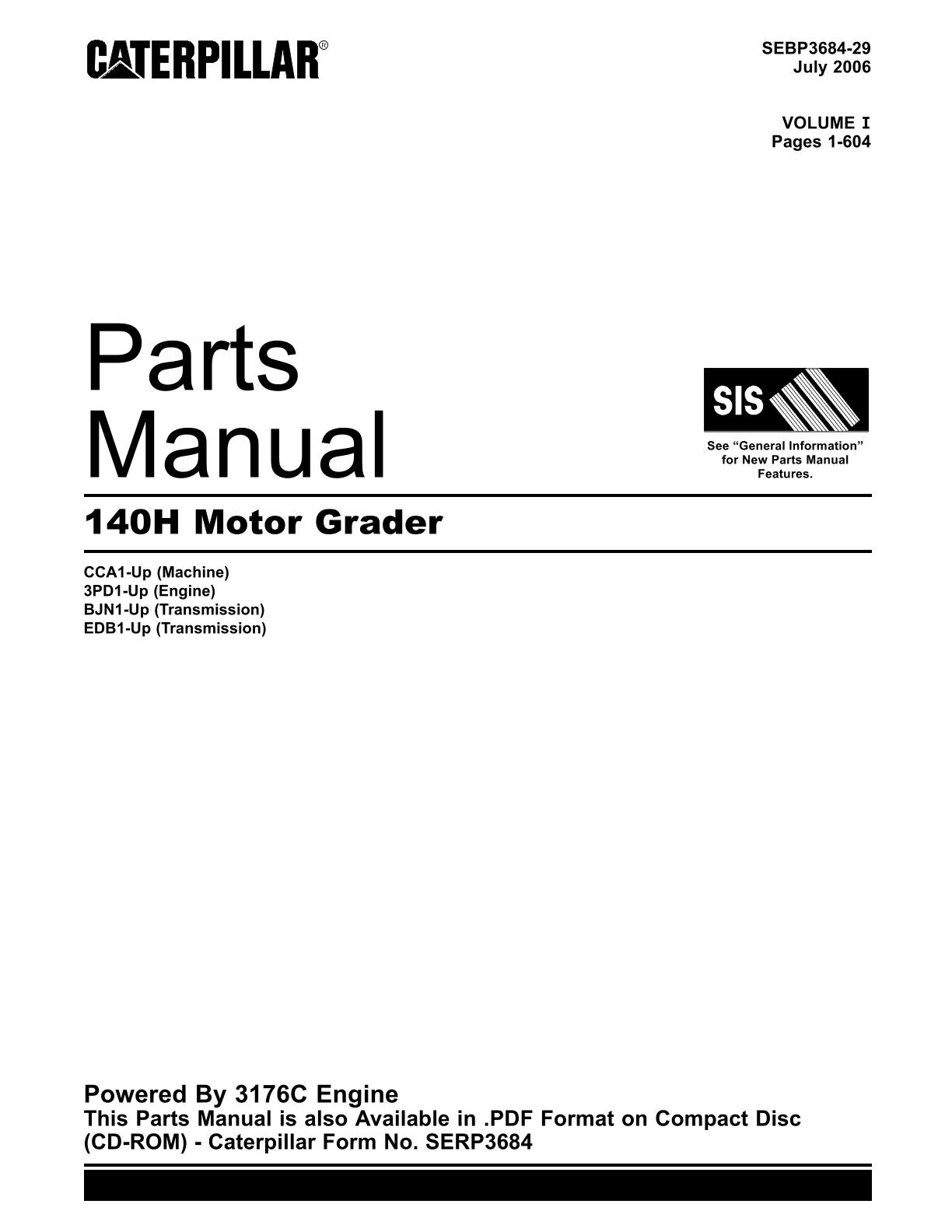 Caterpillar CAT 140H Motor Grader Parts Catalogue manual
