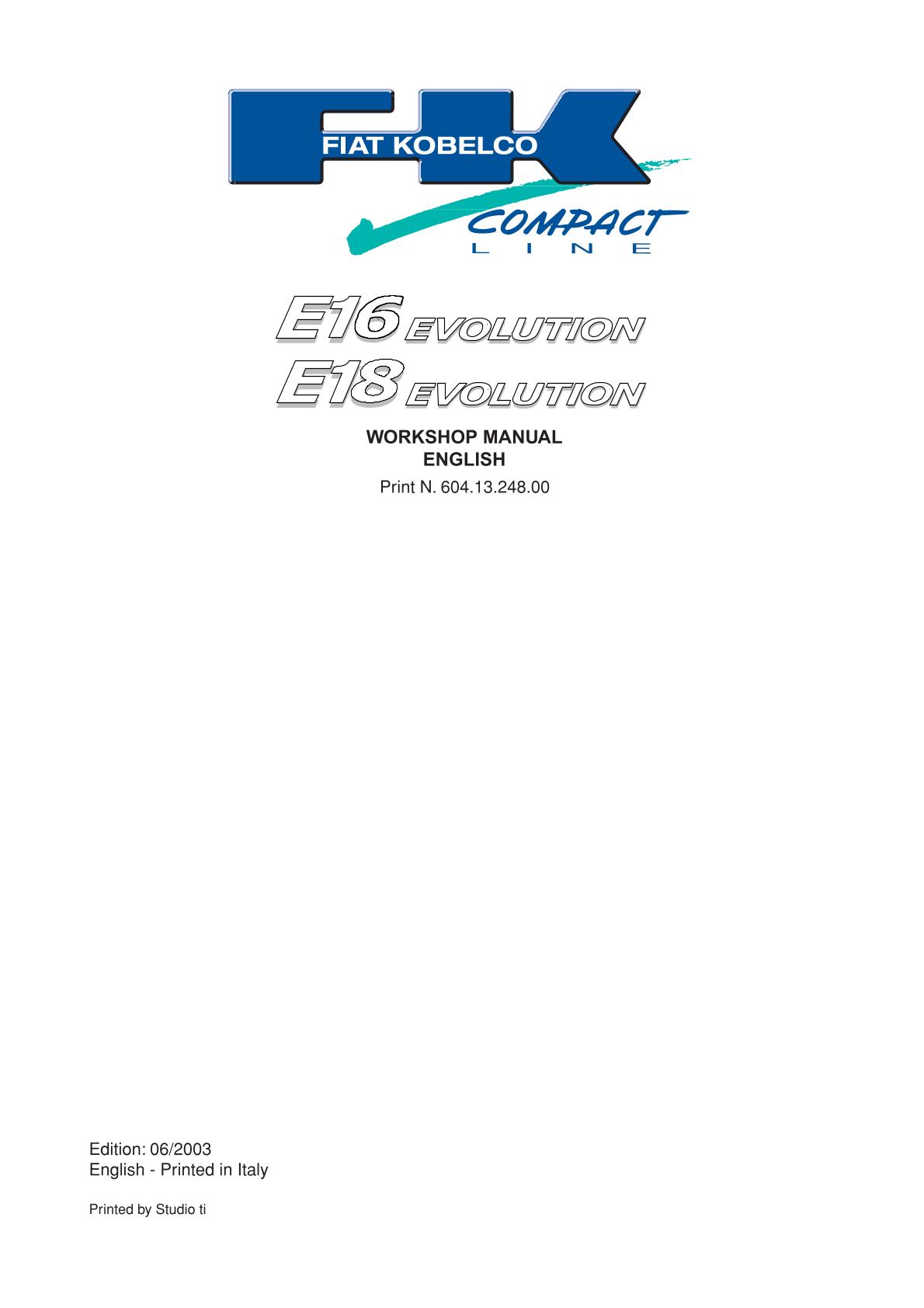 Fiat Kobelco E16 E18 Mini Crawler Excavator Service Repair Manual