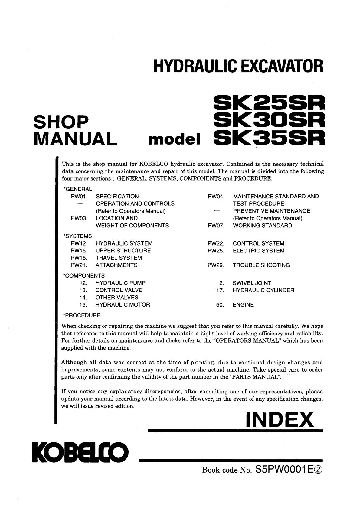 Kobelco SK25SR, SK30SR, SK35SR Mini Excavator Service Repair Manual