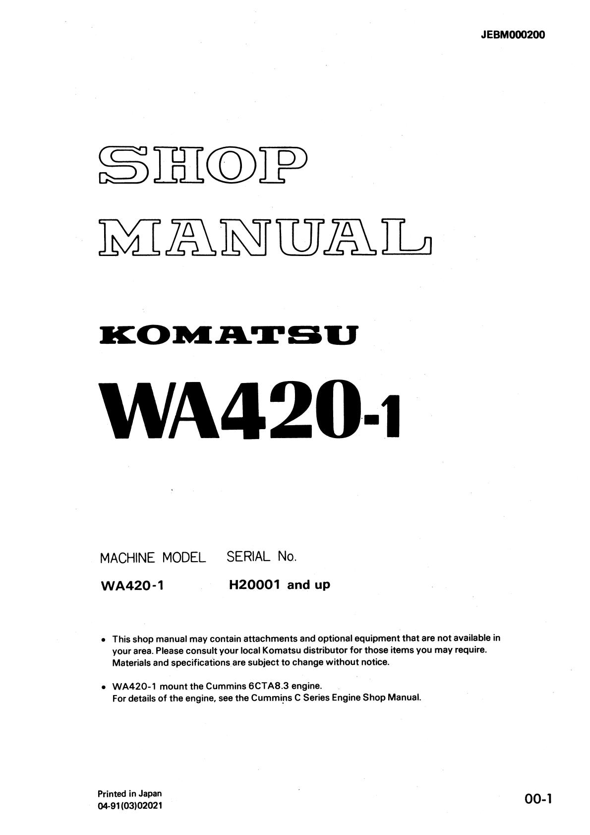 Komatsu WA420-1 Wheel Loader Service Repair Manual