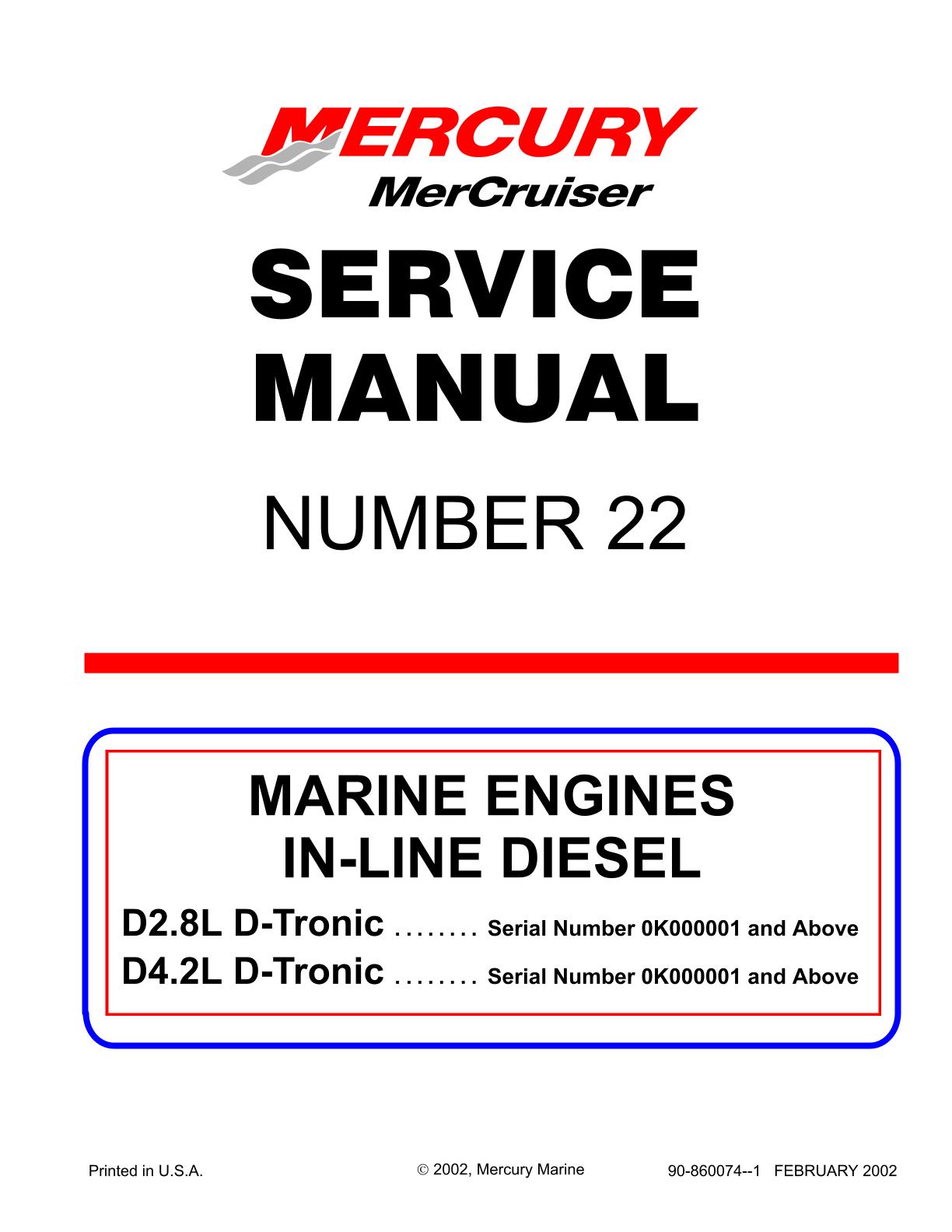 Mercury MerCruiser Marine Engine IN-LINE Diesel D2.8L D-Tronic, D4.2L D-Tronic Service Repair Manual