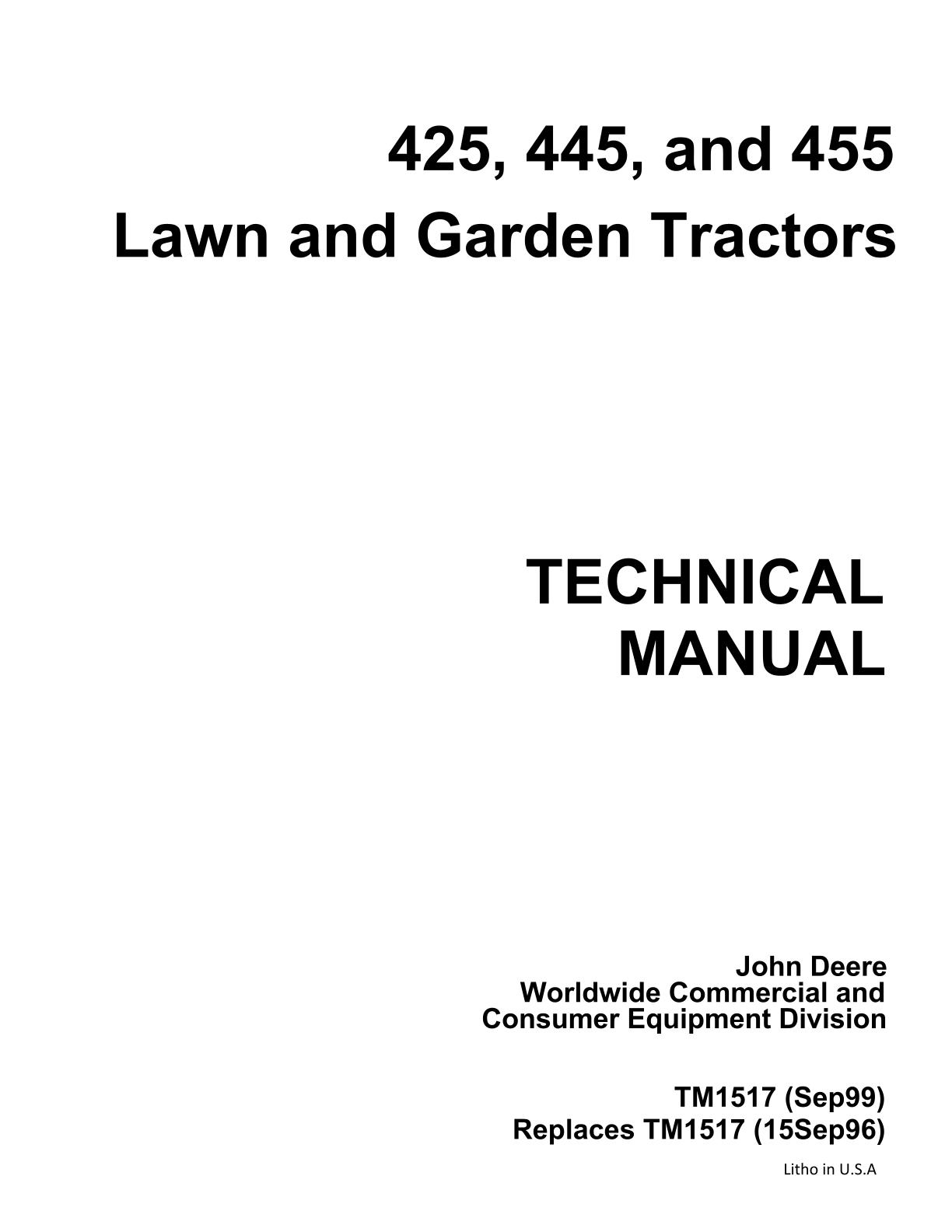John Deere 425 445 455 Lawn Garden Tractor Service Repair Manual