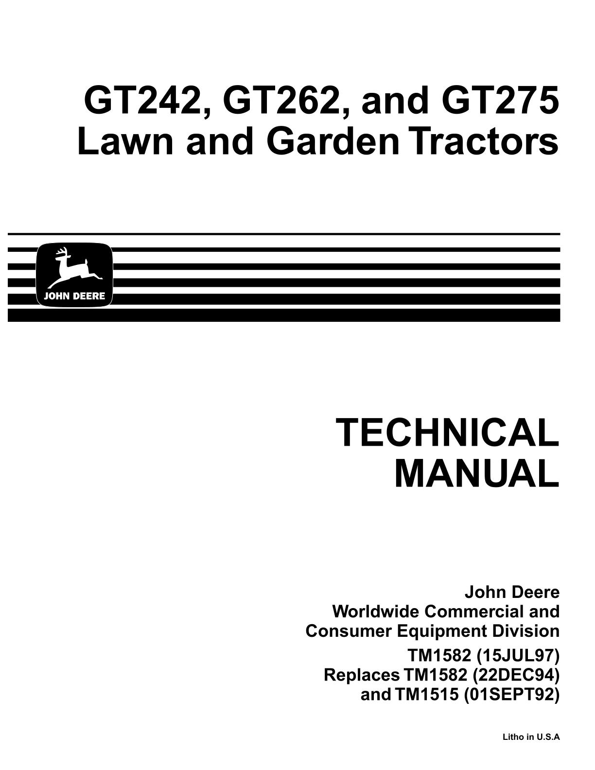 John Deere GT242 GT262 GT275 Lawn Garden Tractor Service Repair Manual