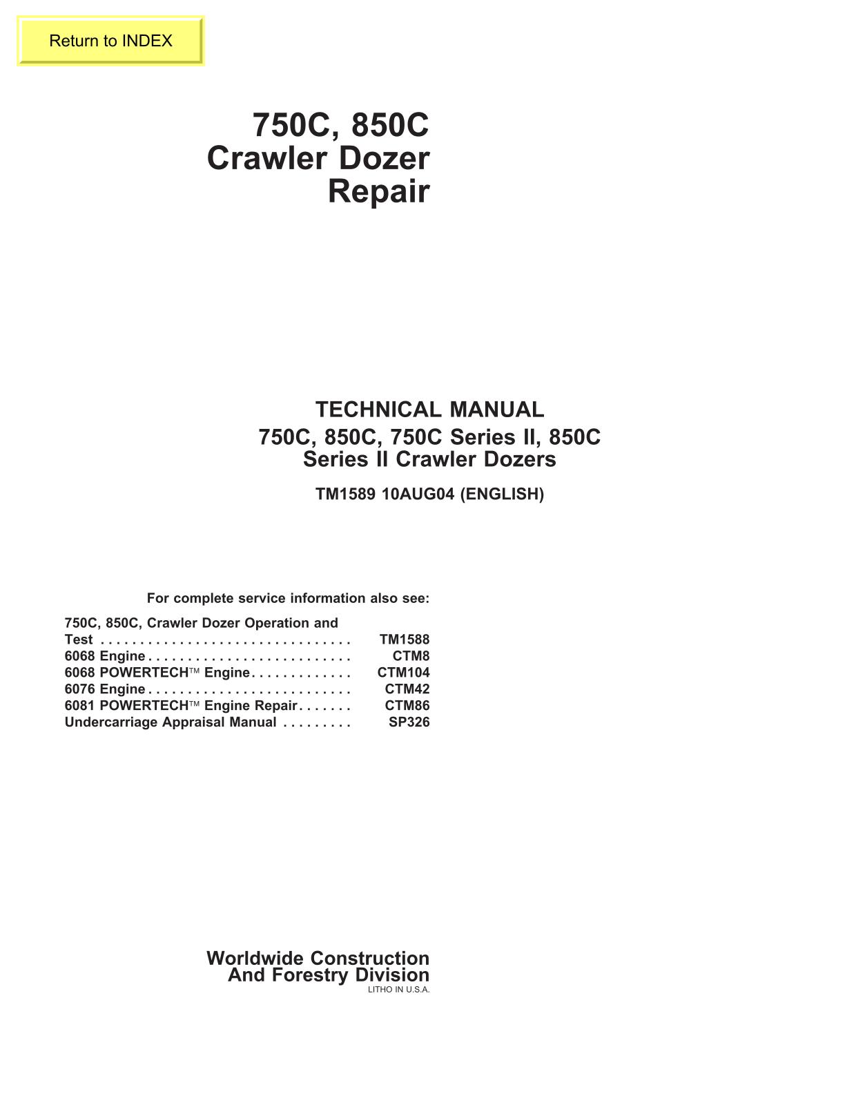 John Deere 750C, 850C, 750C Series II, 850CSeries II Crawler Dozers Service Repair Manual