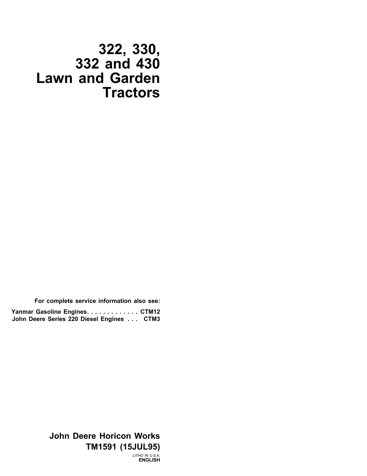 John Deere 322 330 332 430 Lawn Garden Tractor Service Repair Manual