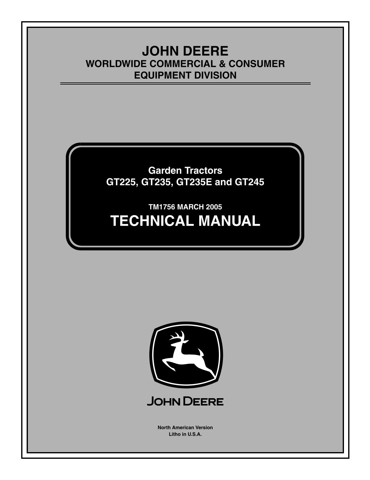 John Deere GT225 GT235 GT235E GT245 Lawn Garden Tractor Service Repair Manual