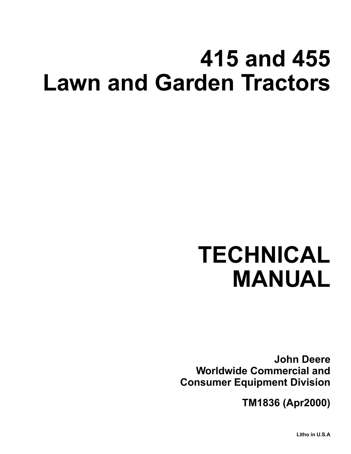 John Deere 415 455 Lawn Garden Tractor Service Repair Manual