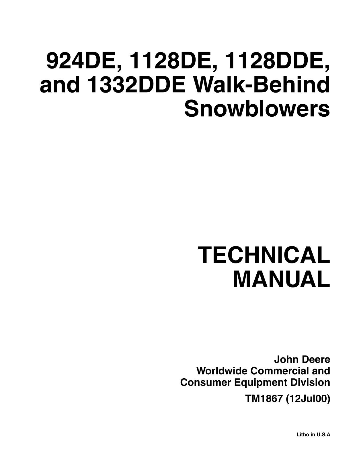 John Deere 924DE, 1128DE, 1128DDE, 1332DDE Walk-Behind Snowblowers Service Repair Manual
