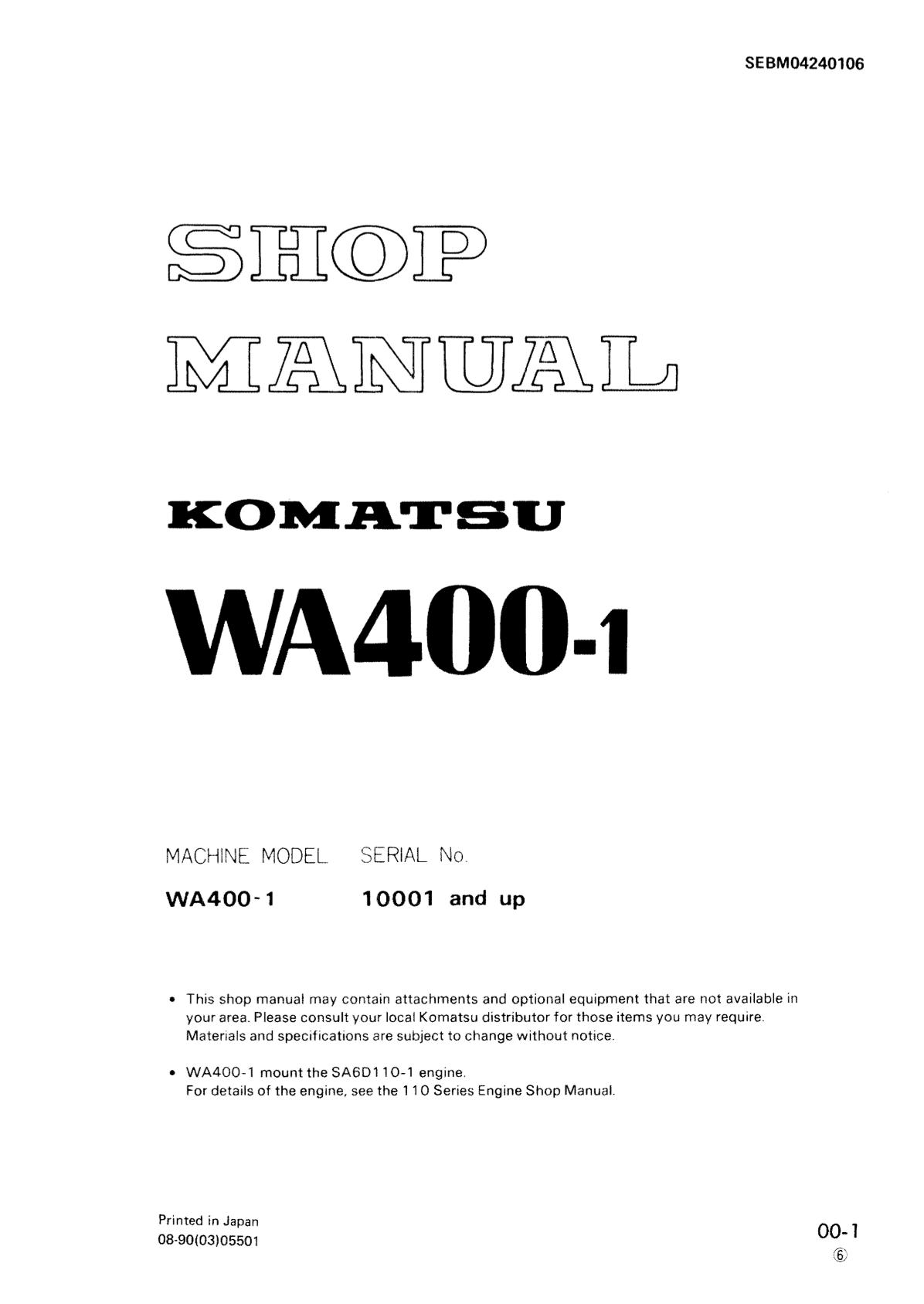 Komatsu WA400-1 Wheel Loader Service Repair Manual