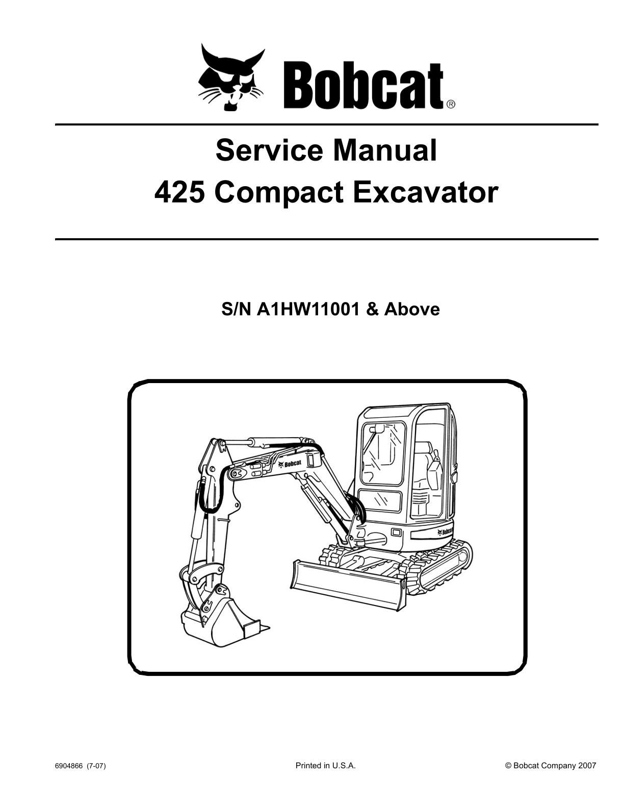 Bobcat 425 Compact Excavator Service Repair Manual