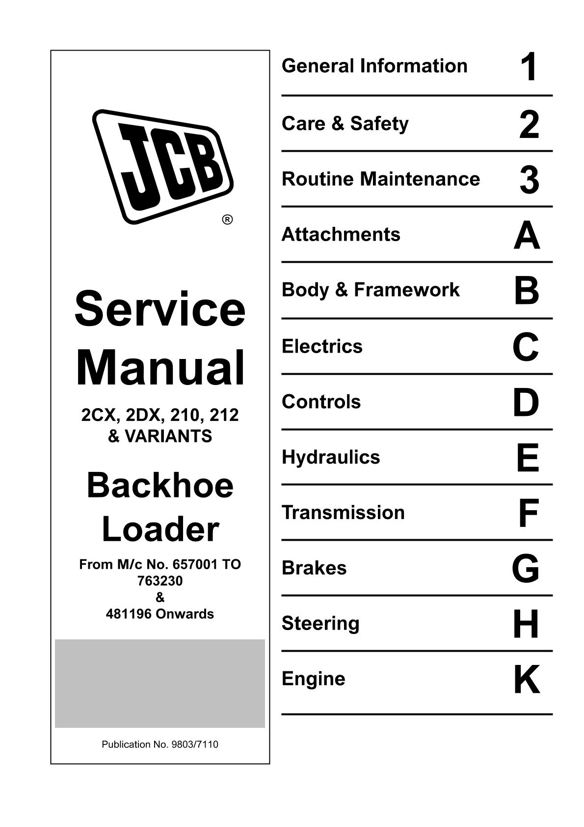 JCB 2CX 2DX 210 212 Backhoe Loader Service Repair Manual