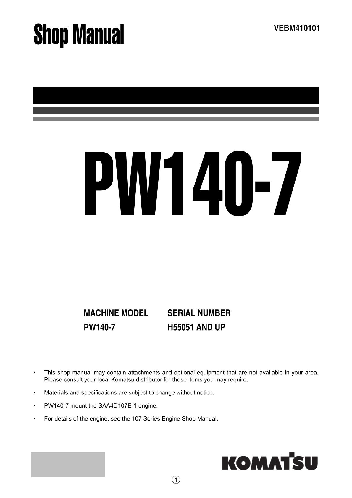 Komatsu PW140-7 Hydraulic Excavator Service Repair Manual