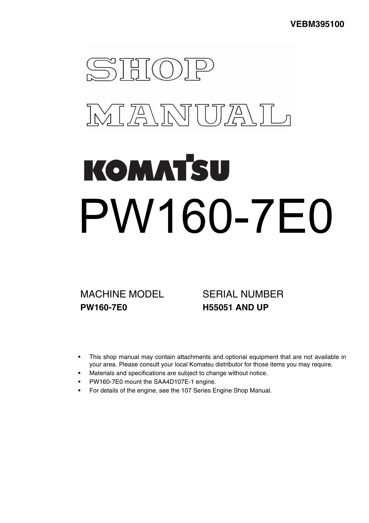 Komatsu PW160-7E0 Hydraulic Excavator Service Repair Manual