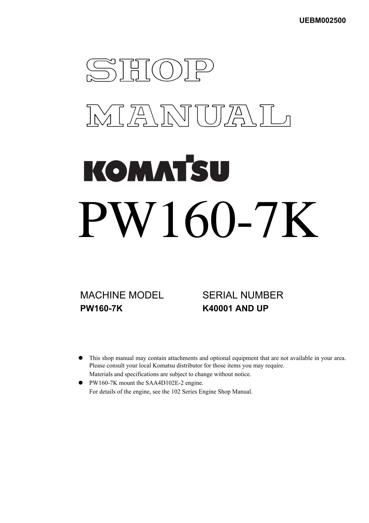 Komatsu PW160-7K Hydraulic Excavator Service Repair Manual