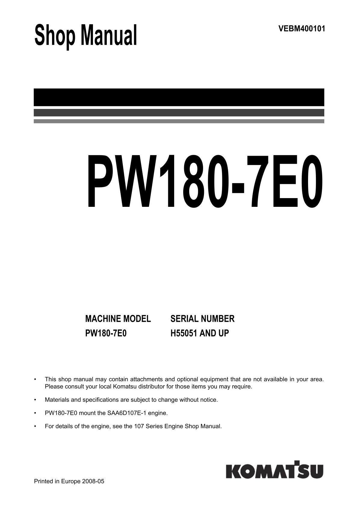 Komatsu PW180-7E0 Hydraulic Excavator Service Repair Manual
