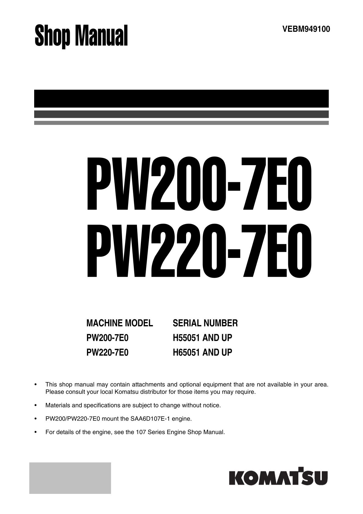 Komatsu PW200-7E0 PW220-7E0 Hydraulic Excavator Service Repair Manual