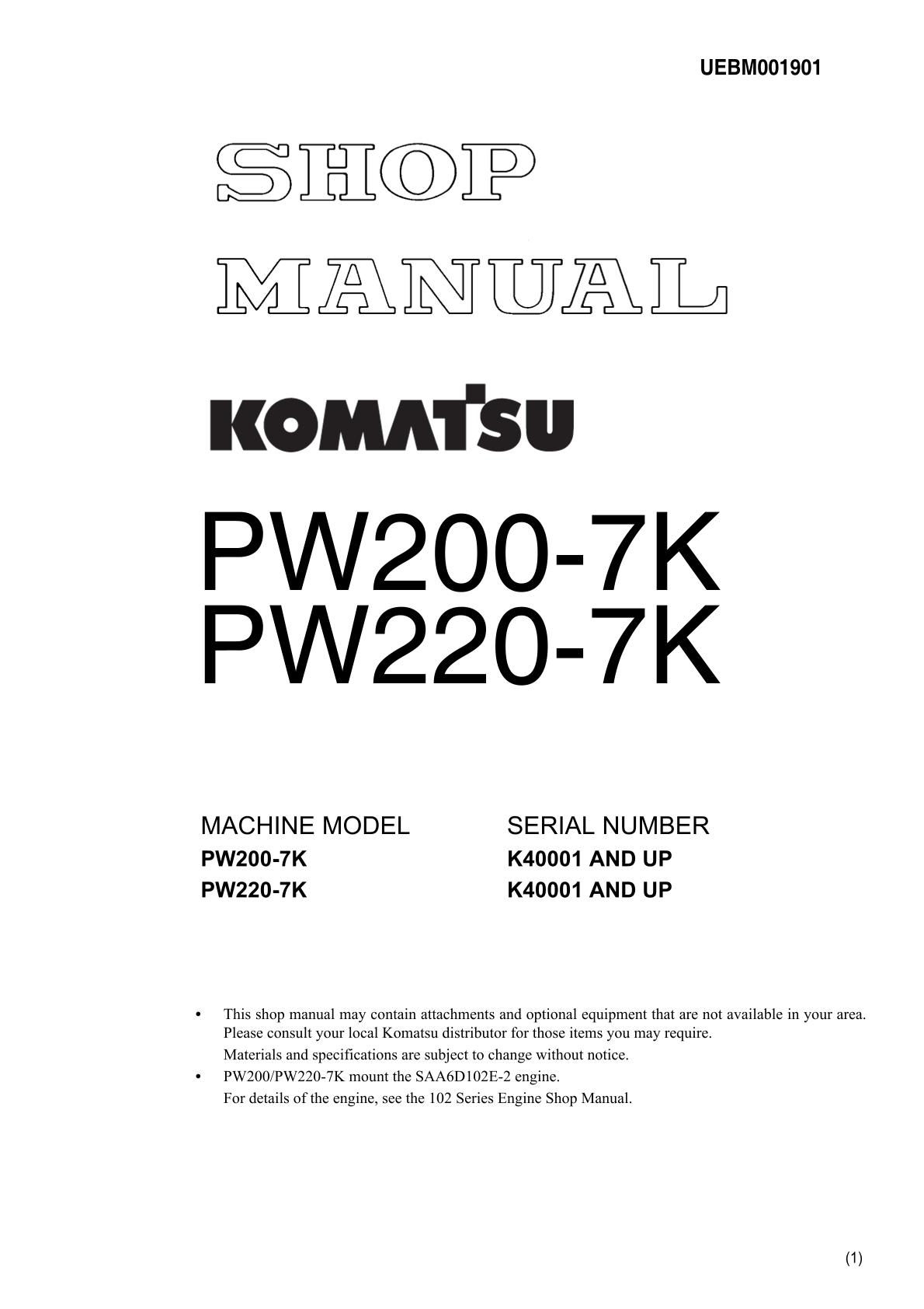 Komatsu PW200-7K PW220-7K Hydraulic Excavator Service Repair Manual
